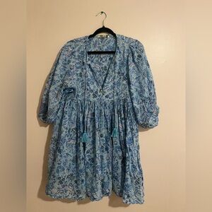Blue Printed Mini Dress with Tassel Tie